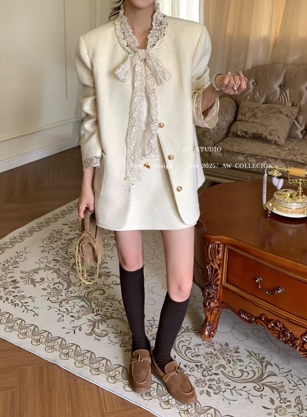 2025冬季新款复古法式千金风蕾丝蝴蝶结外套+连衣裙两件套女套装,淘宝优惠券,粉丝福利购,淘宝优惠卷