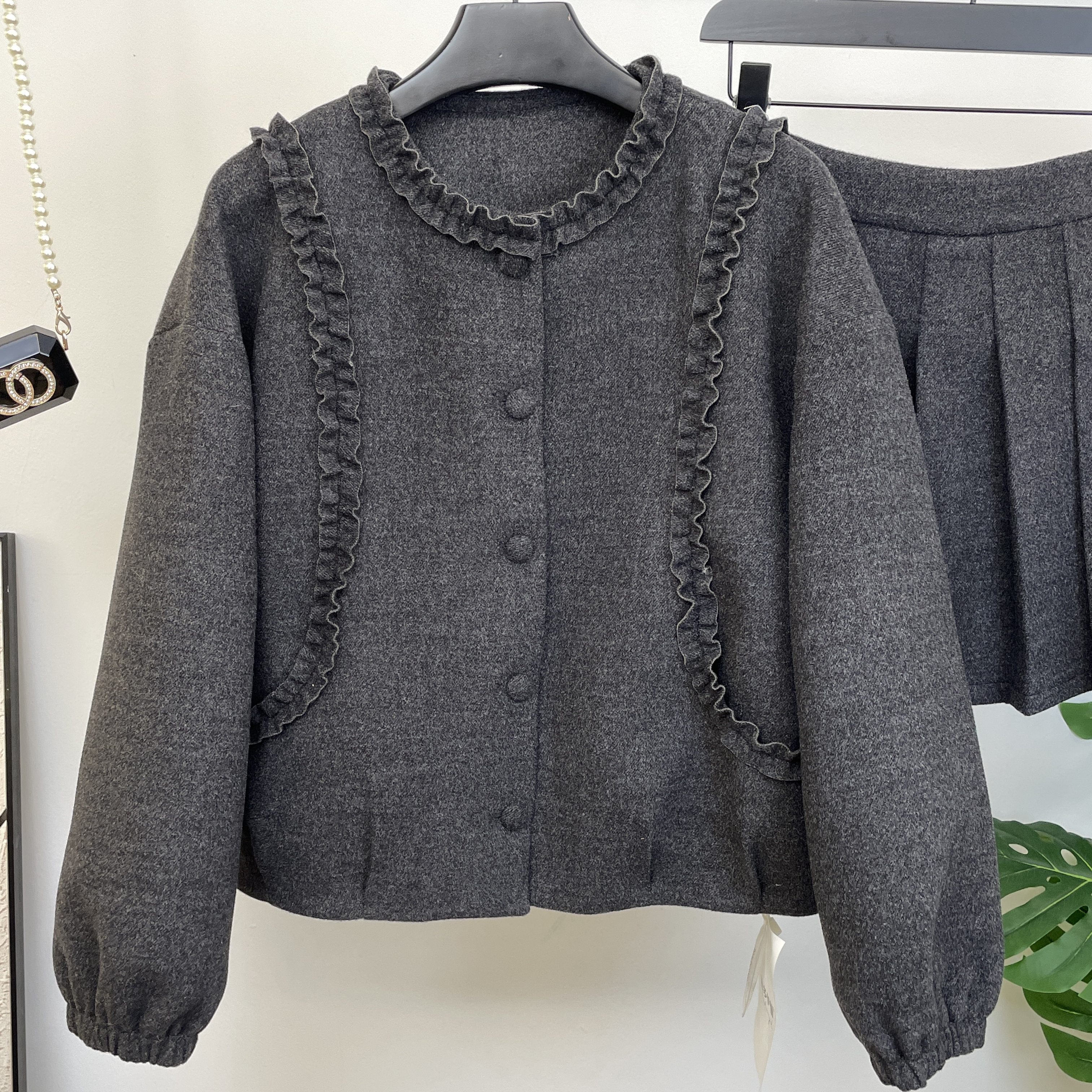 木耳边圆领毛呢百褶短裙套装女冬季减龄小个子时尚甜美韩系两件套,淘宝优惠券,粉丝福利购,淘宝优惠卷