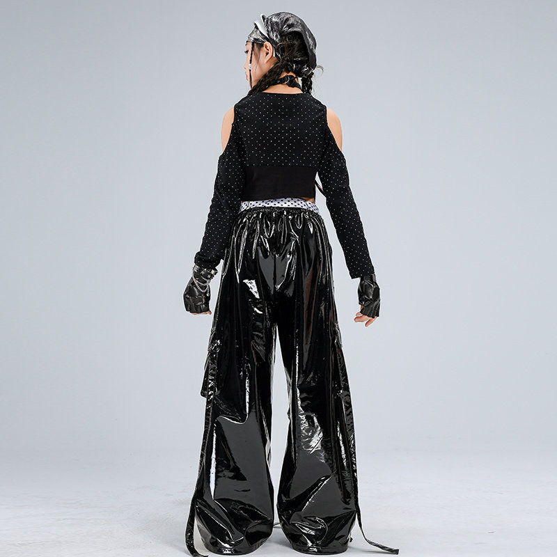 女童爵士舞露脐露肩亮钻表演服套装少儿走秀亮面皮裤街舞演出服酷,淘宝优惠券,粉丝福利购,淘宝优惠卷