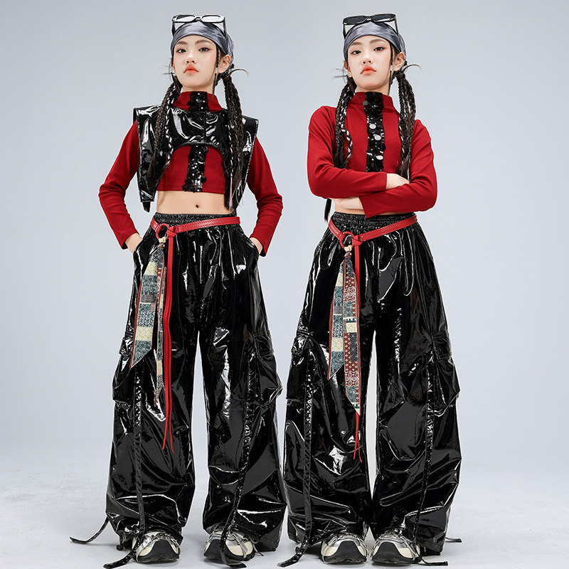 少儿爵士舞服装露脐黑红亮片上衣亮面皮裤套装女童jazz街舞演出服,淘宝优惠券,粉丝福利购,淘宝优惠卷