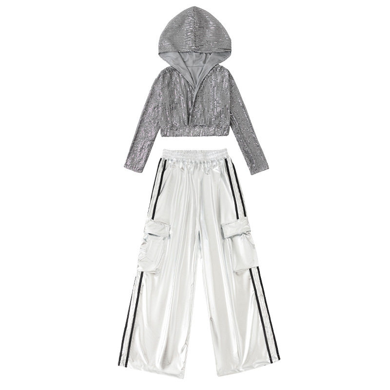 少儿爵士舞露脐女童亮片连帽外套反光银色裤子走秀jazz舞蹈演出服,淘宝优惠券,粉丝福利购,淘宝优惠卷
