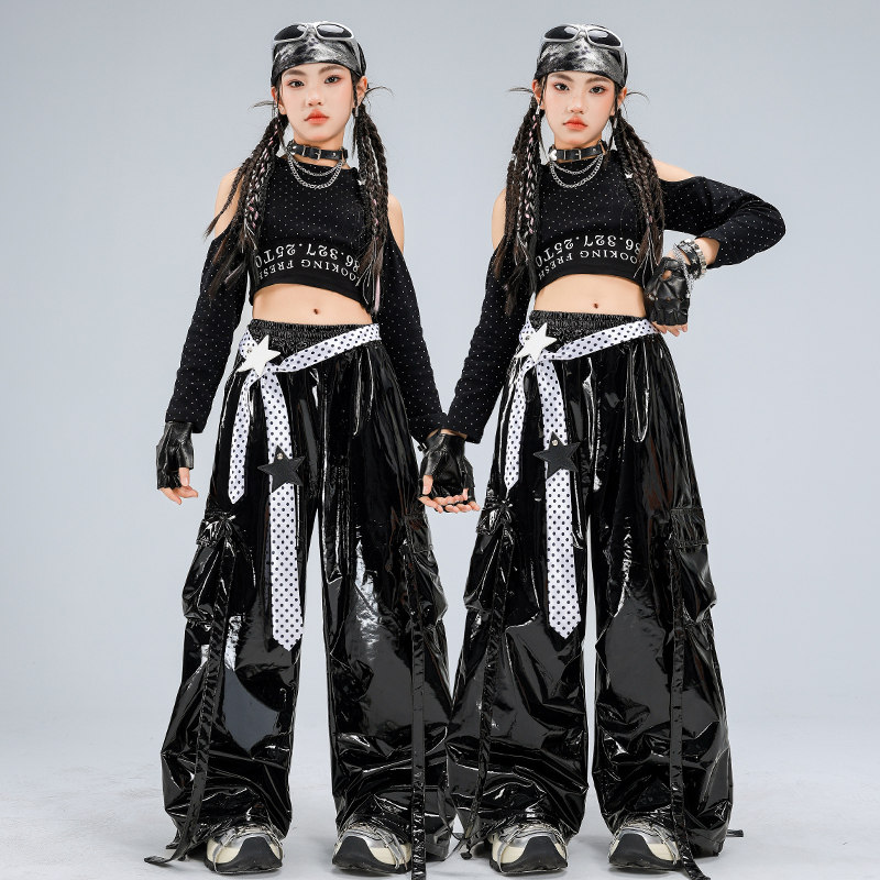 女童爵士舞露脐露肩亮钻表演服套装少儿走秀亮面皮裤街舞演出服酷,淘宝优惠券,粉丝福利购,淘宝优惠卷