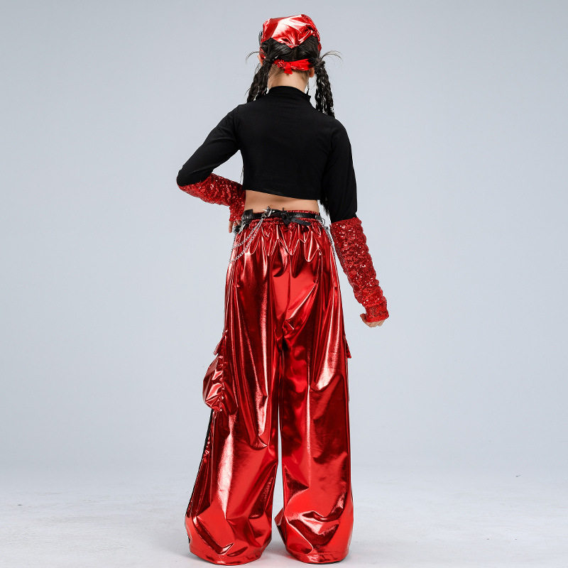 女童爵士舞套装露脐亮片红色亮面皮裤舞蹈服jazz女孩街舞走秀新款,淘宝优惠券,粉丝福利购,淘宝优惠卷