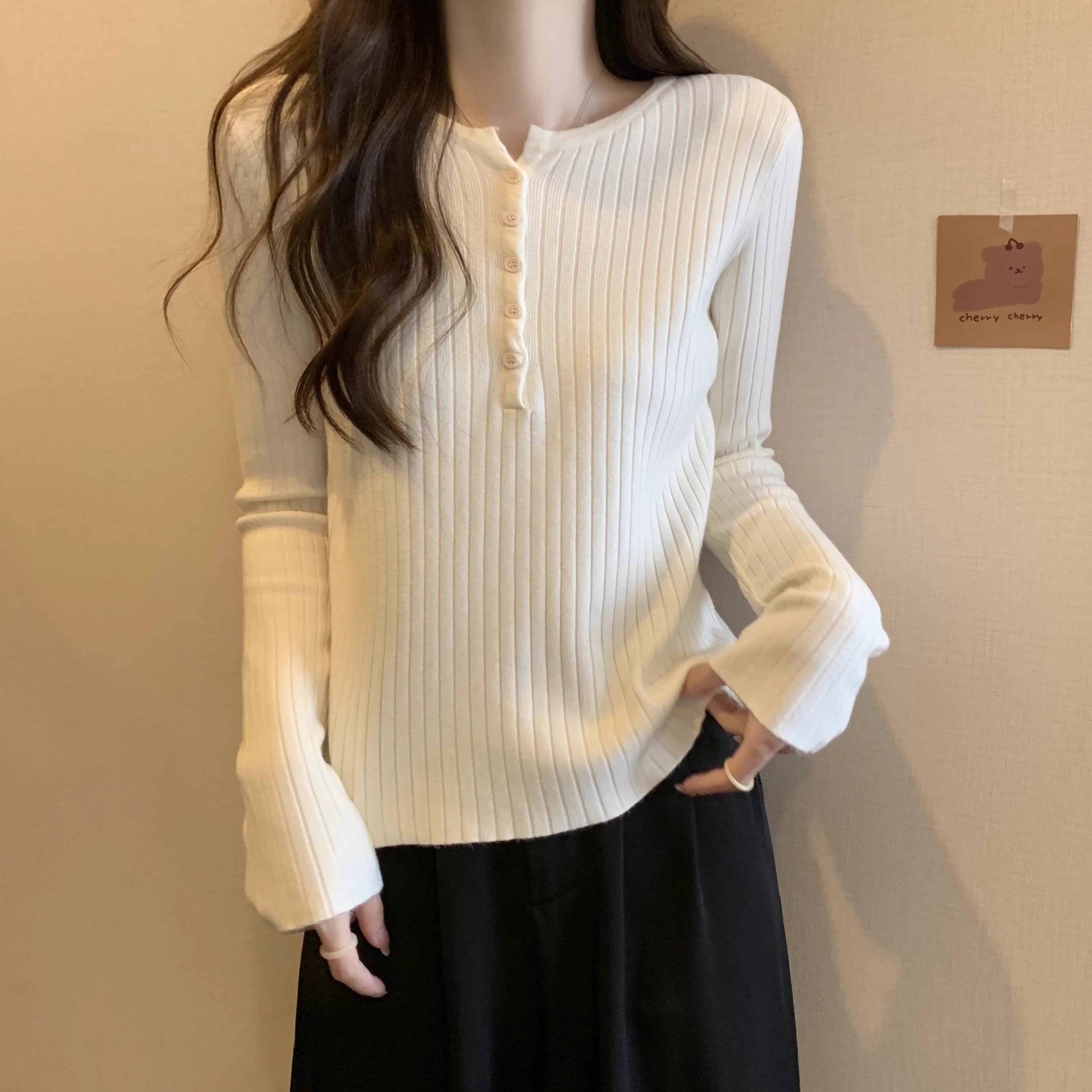 胖妹妹遮肚洋气长袖针织打底衫秋冬大码百搭外穿修身显瘦正肩上衣 - 图2