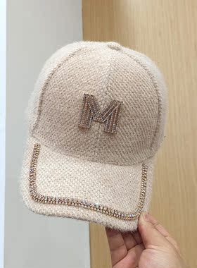 中年时尚镶钻字母毛绒棒球帽百搭