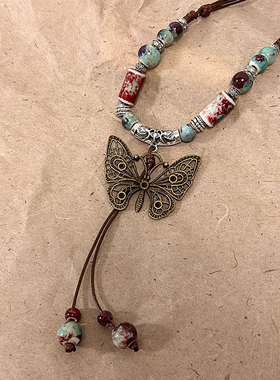 复古民族风陶瓷蝴蝶铃铛吊坠项链