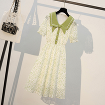 Large size womens dress Summer age reduction Academy Wind sweetness Fairy Ocean Dress Fat sister Conspicuine Lean cashew lace Broken Lace