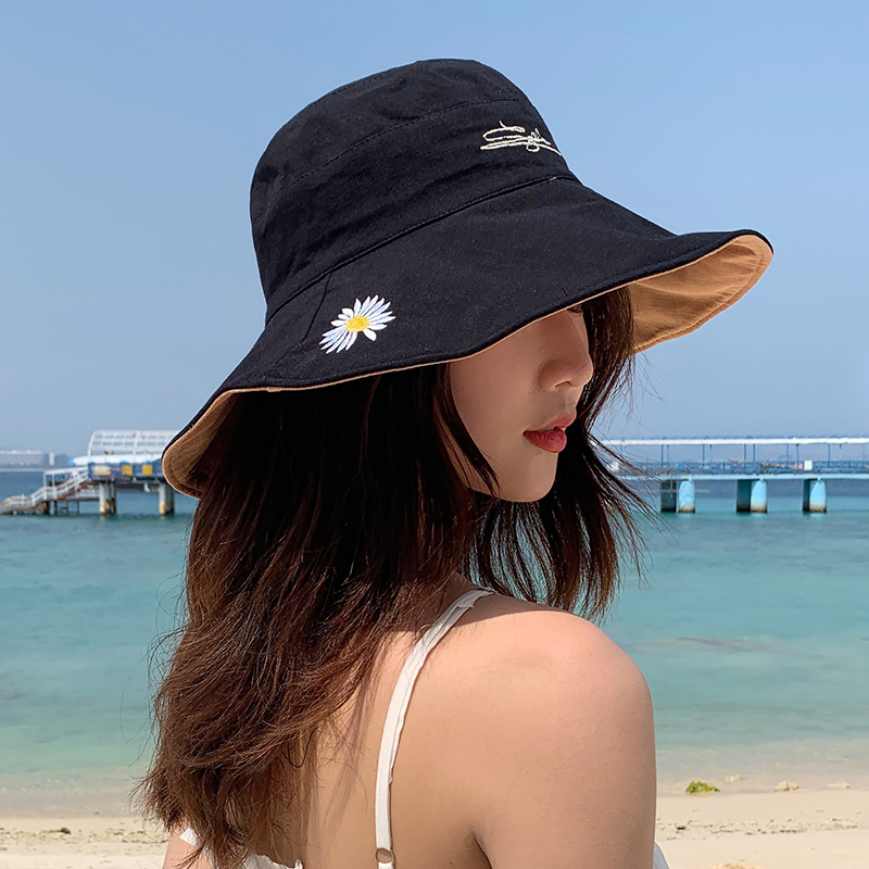 罗兰蒂旗舰店小雏菊大沿渔夫帽女防晒帽韩版潮遮阳帽紫外线百搭双面太阳帽遮脸0