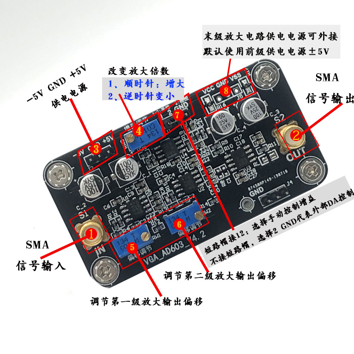 AD603压控增益放大器模块VCA-20~60dB增益手动或外接DA程控调节-图1