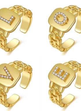 欧美嘻哈饰品戒指字母系列镀金锆石表带设计开口玫瑰金活口设计