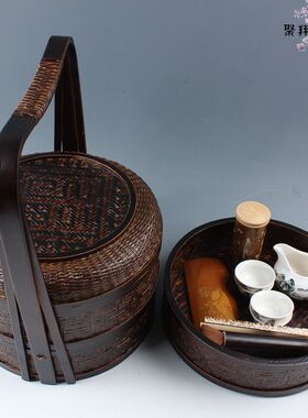 复古提篮单层茶具带盖竹编