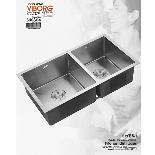 VIBORG  4mm304不锈钢手工水槽洗菜盆子母双槽 别墅大户型台下盆 - 图0