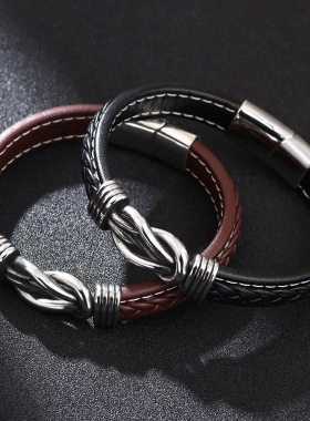 欧美跨境皮手链地摊饰品钛钢配件复古个性朋克风男士手镯真皮手链