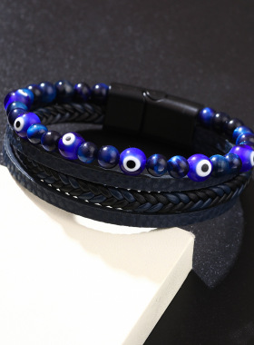 欧美复古虎眼石手链恶魔之眼多层皮革磁扣编织手环自然石眼睛手串