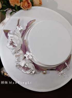 油画法式礼帽手工紫色缎面花朵