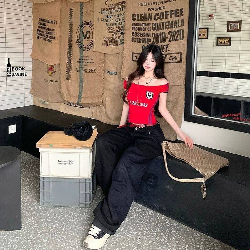 辣妹风撞色字母印花吊带背心T恤女2025夏季美式复古收腰短款上衣,淘宝优惠券,粉丝福利购,淘宝优惠卷