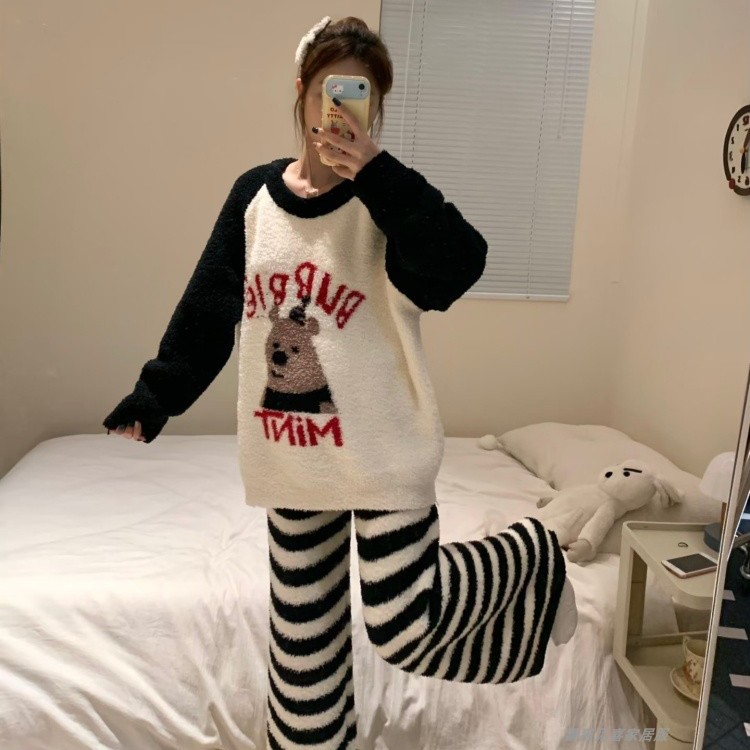 可爱小熊半边绒睡衣女秋冬季加绒加厚条纹长裤2025新款家居服套装