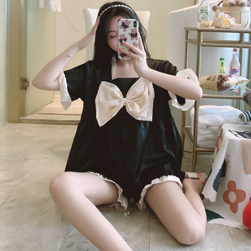 冰丝睡衣女夏季短袖短裤两件套可爱日系公主风性感薄款家居服套装 - 图0