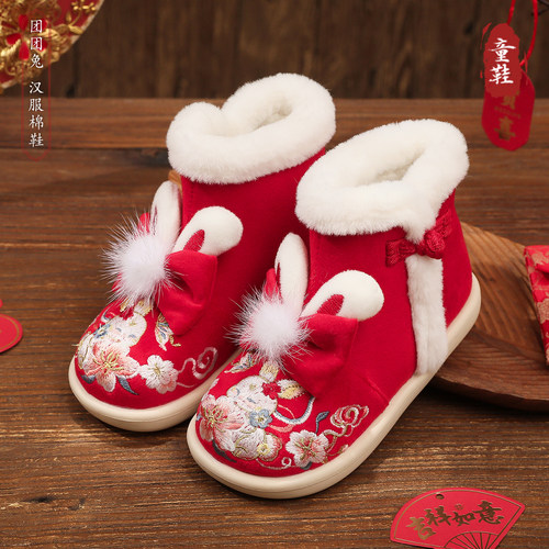 汉服鞋子女童冬季加绒新款雪地靴宝宝古风国风拜年鞋儿童绣花棉鞋 - 图3