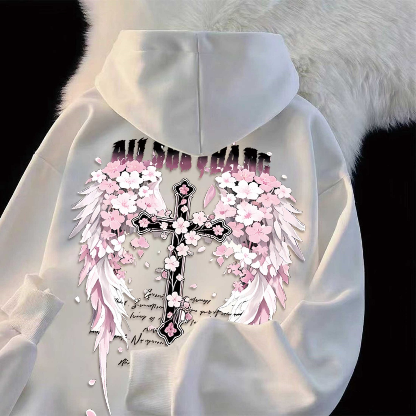 国潮新品樱花十字架翅膀卫衣酷风小众设计感宽松情侣复古潮流外套 - 图1