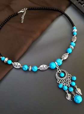 民族风短款锁骨链复古红色吊坠