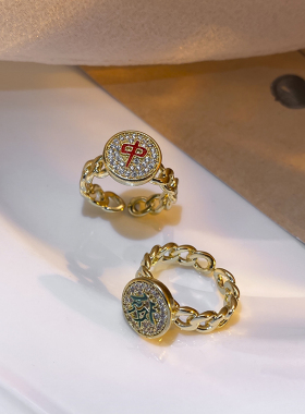 新中式网红麻将戒指女小众设计中古国潮红中幺鸡聚财旺财运指环男