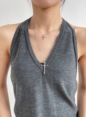 欧美简约高级感冷淡风银色十字架项链长款毛衣链叠戴暗黑甜酷辣妹