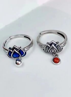 民族风独特莲花戒指女小众设计中古做旧苗疆异域风情食指戒可调节