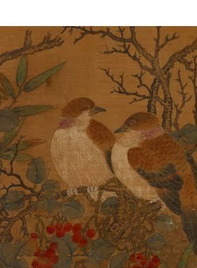 元 钱选玉兔小鸟图工笔花鸟微喷绢布长卷复制学习临摹画稿装饰画