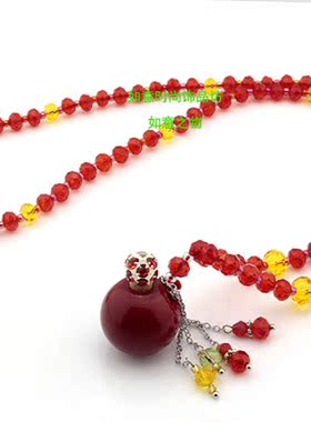 装朱砂水晶珠琉璃吊坠长款项链