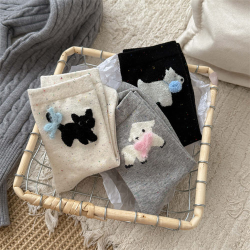 新品蝴蝶结堆堆袜子棉质点子纱植绒中筒袜日系ins潮女袜卡通女袜 - 图2