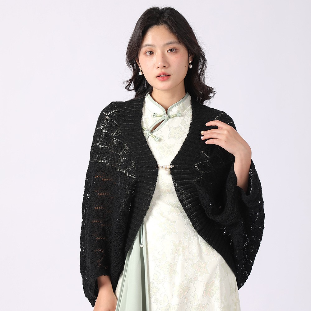 2025新款春秋镂空针织披肩女时尚旗袍外搭配裙子米色开衫毛衣外套 - 图2