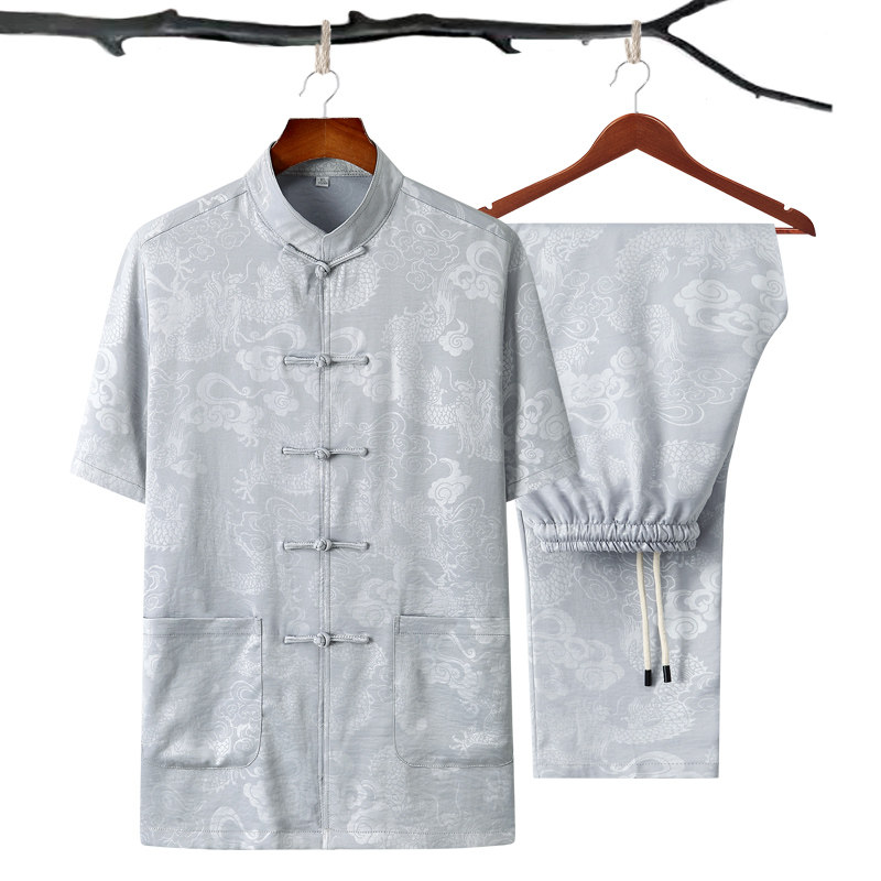 夏季短袖唐装男中老年人半袖衬衫 犀狮龙唐装