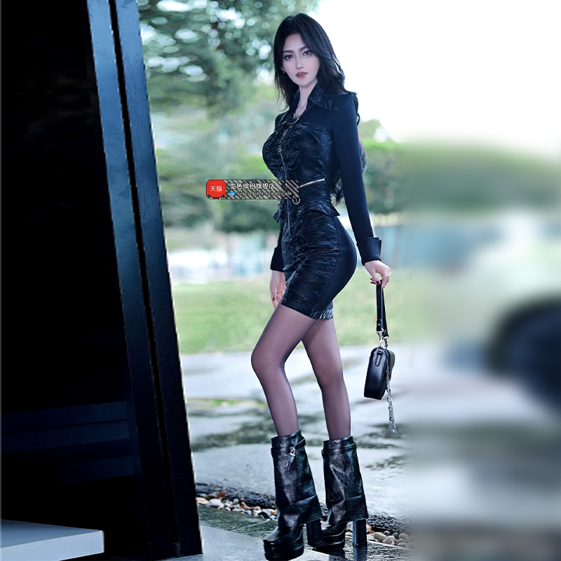 欧美帅气拼接仿PU辣妹风连衣裙女装新品显瘦包臀中短裙