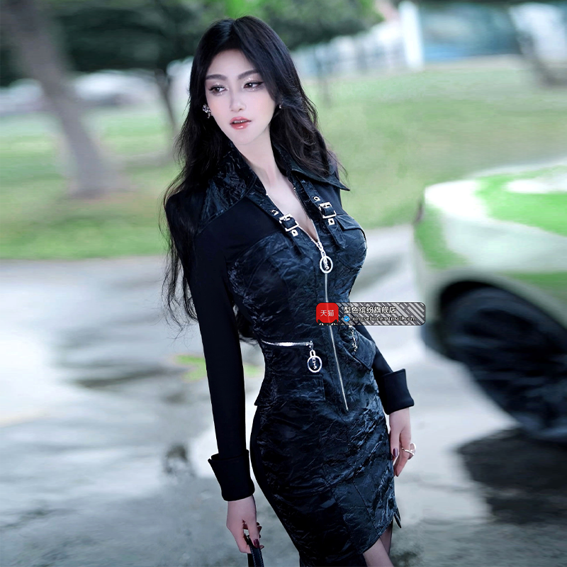 欧美帅气拼接仿PU辣妹风连衣裙女装新品显瘦包臀中短裙