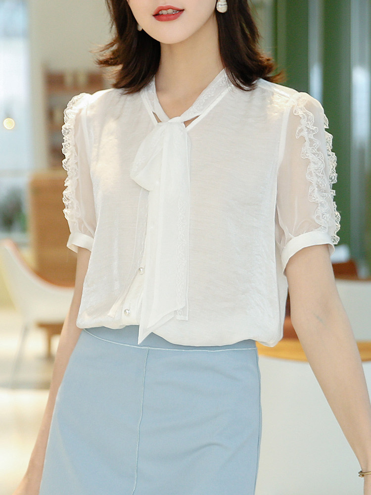 雪纺短袖夏季2020新款木耳边衬衫 依源色蕾丝衫/雪纺衫