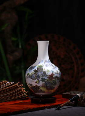 景德镇陶瓷器山水花瓶古典时尚