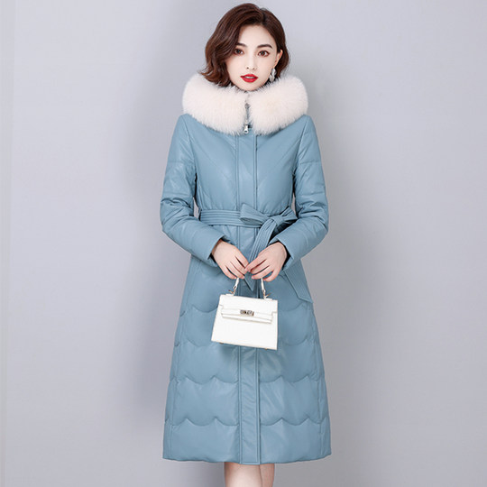 Women's genuine leather down jacket mid-length slim fit thickened jacket