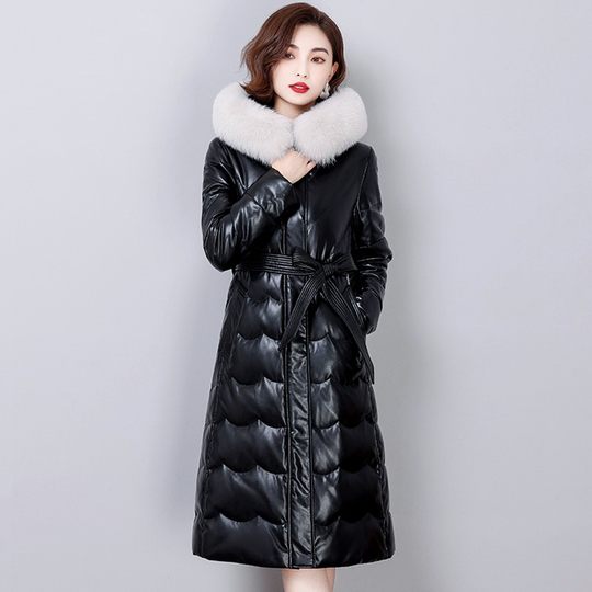 Women's genuine leather down jacket mid-length slim fit thickened jacket