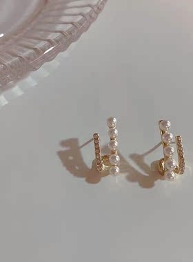 双层锆石珍珠耳钉轻奢小众设计感高级耳环气质独特纯银耳饰女秋冬