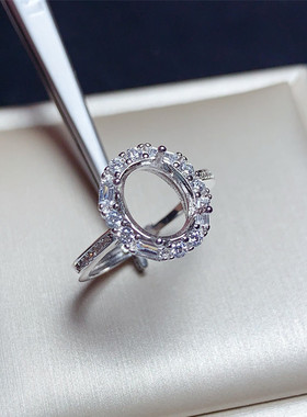 s925银椭圆形9*11/8*10mm镀白金色戒指空托 豪华轻奢 戒圈可调节