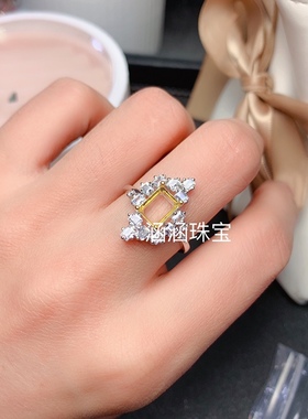 s925银饰品戒指空托豪华长方形6*8mm双色款代镶托帕石 时尚百搭