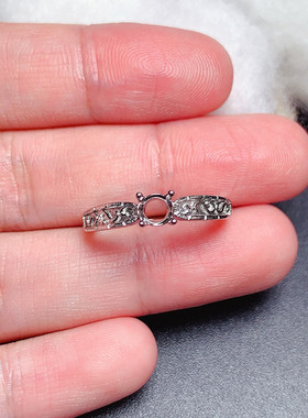 s925银戒指空托圆形5*5mm简约百搭气质 祖母绿 蓝宝石 代镶嵌  w