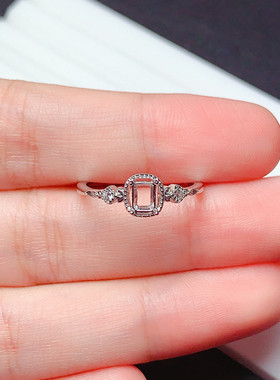 新款s925银戒指空托长方形3*4mm小清新代镶石榴石 托帕石  x