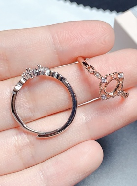 s925银戒指空托椭圆形4*6mm轻奢复古镂空银饰 代镶红蓝宝 祖母绿