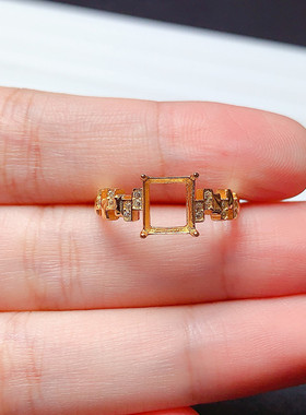 s925银戒指空托长方形6*7mm简约时尚代镶黄水晶 托帕石  x