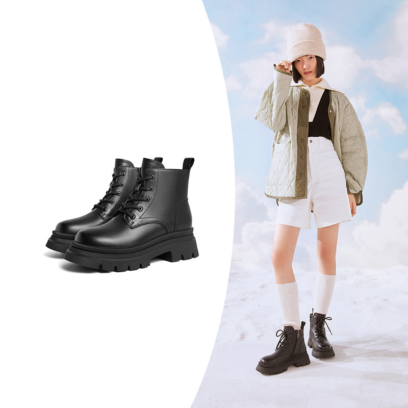 百丽马丁靴2022冬季新款加绒机车靴 百丽马丁靴