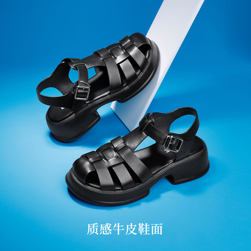 百丽镂空猪笼2023新款夏季真皮女鞋 百丽罗马凉鞋