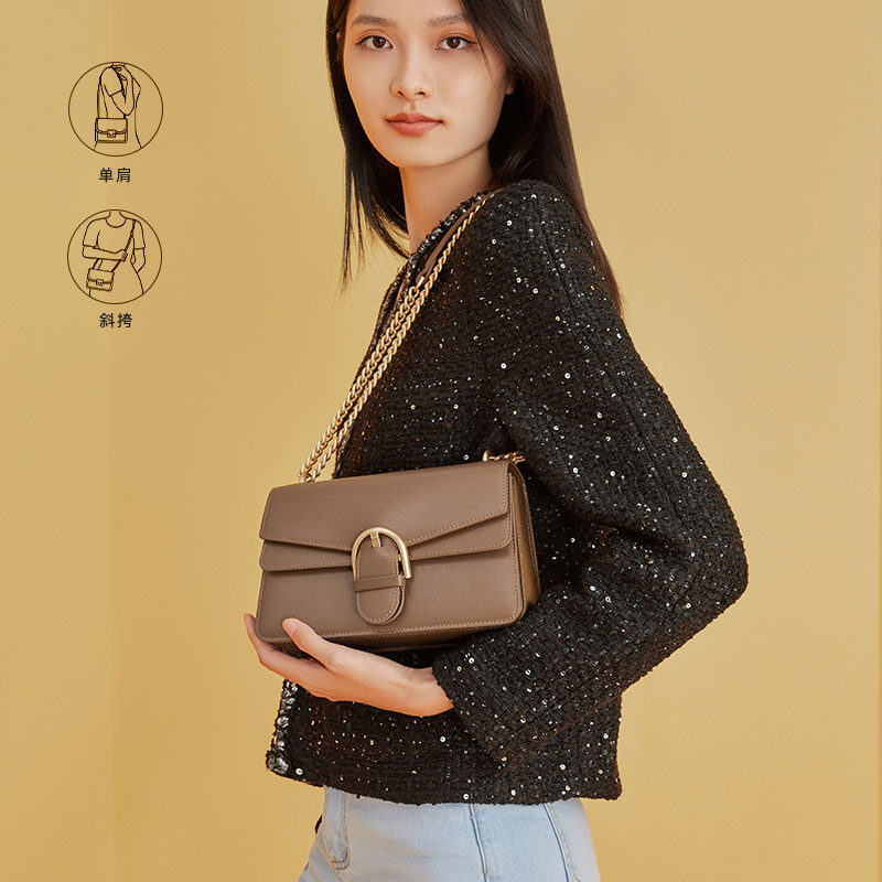百丽小方包2022棕色小众轻奢单肩包 百丽女士包袋
