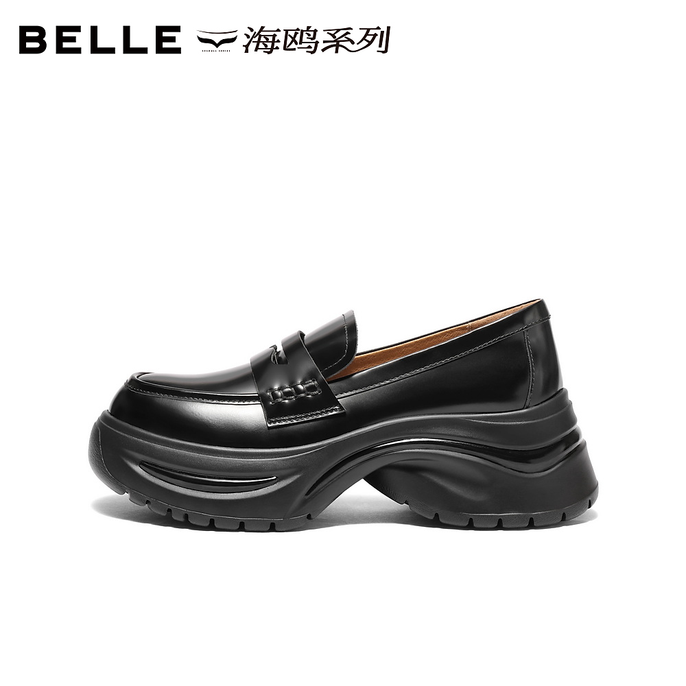百丽厚底增高运动乐福鞋女2025新款黑色小皮鞋深口单鞋子D2T1DAA5 - 图0